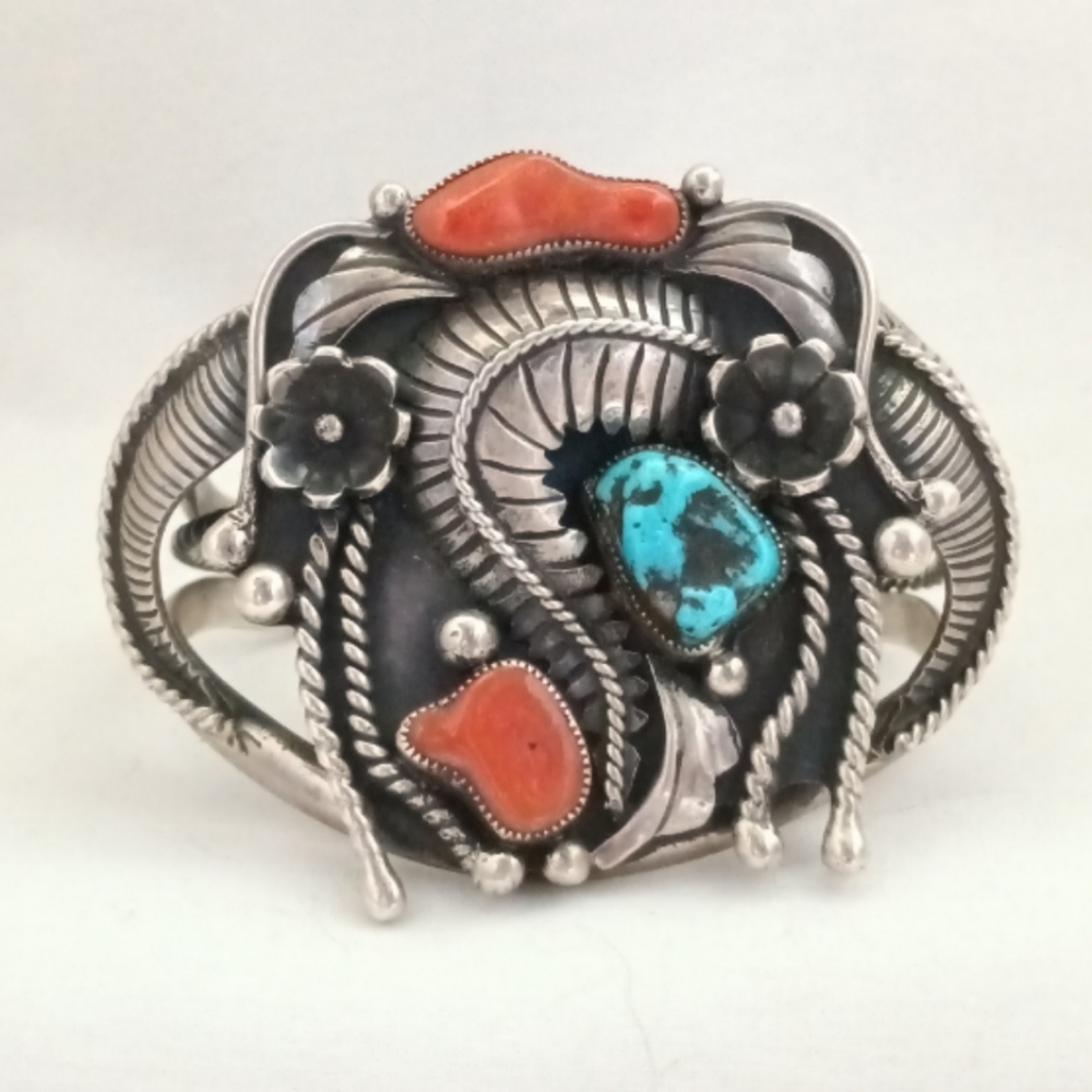 Signed EM Turquoise Coral Feather Sterling Silver Bracelet Cuff